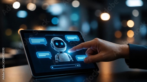 Close up of person hand touching virtual screen chat bot with dialogue and chat bubbles