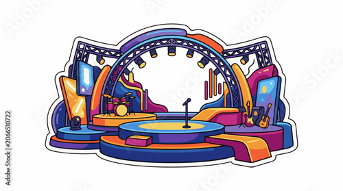 Colorful stage with a drum set, guitar and microphone on a circular platform