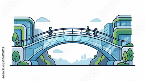 Futuristic cityscape with a bridge and people walking