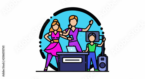 Three people dancing around a desk with a laptop and speaker