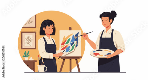 Two artists standing while painting on canvas with brushes