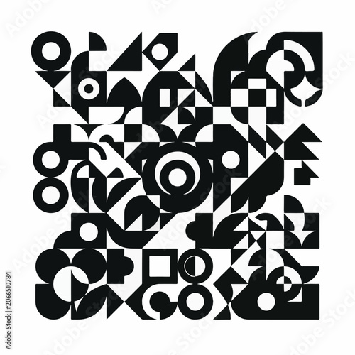A black and white geometric pattern composed of various shapes