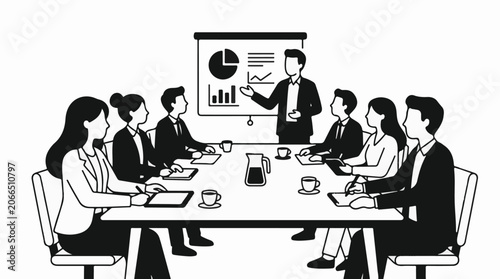 A black and white illustration of businesspeople in a meeting around a table