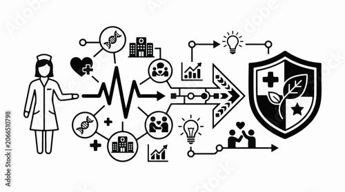 A black and white infographic depicting a female healthcare professional surrounded by various medical and healthcare-related icons
