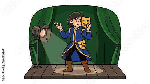 A cartoon person in a blue and gold costume holds a comedy mask to their face on a stage