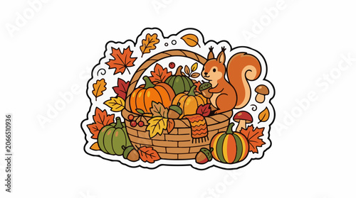 A cartoon squirrel surrounded by pumpkins, leaves, and mushrooms in a basket