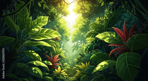 Lush Tropical Rainforest Canopy with Sunbeams.