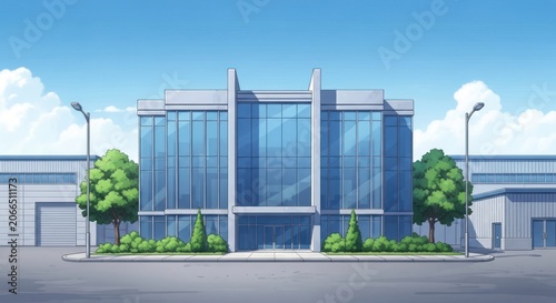 Modern Glass Office Building Facade with Blue Sky and Clouds.