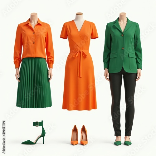 Stylish Women's Fashion Collection Featuring Vibrant Orange and Green Outfits