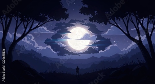 Mystical Full Moon Over Serene Landscape with Silhouetted Trees.