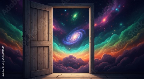 Open Door Revealing Vibrant Cosmic Galaxy and Nebula Landscape.