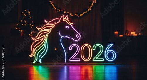 Neon Horse and 2026 Year Celebration Glowing Lights.