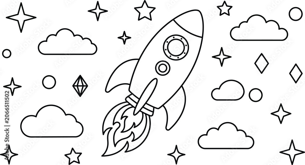 Obraz premium Space rocket coloring page for kids with stars and clouds