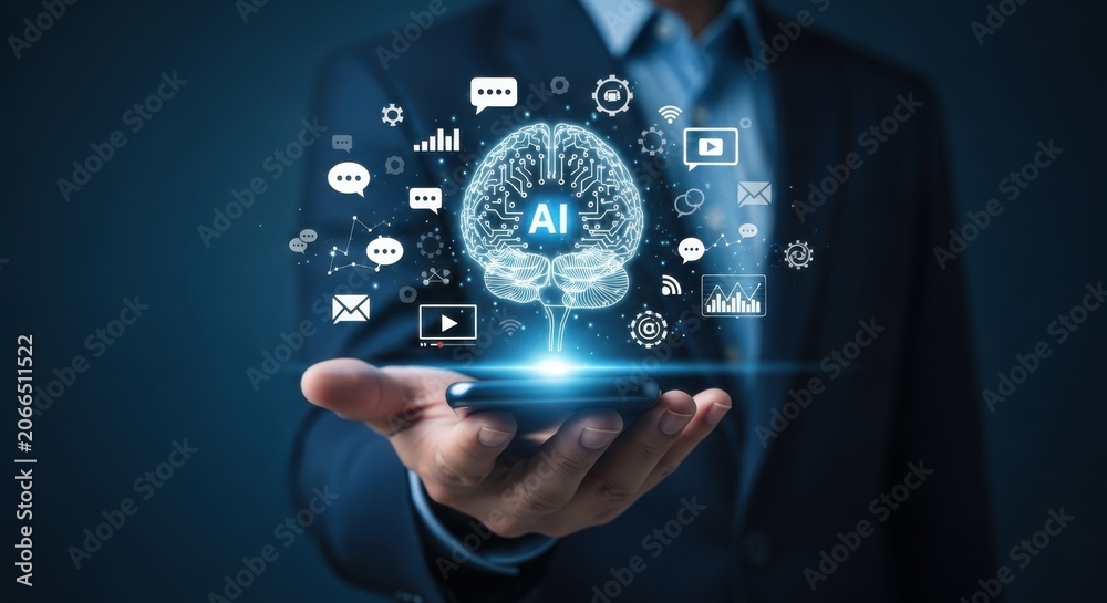 Fototapeta premium Businessman holding smartphone with artificial intelligence icons floating above