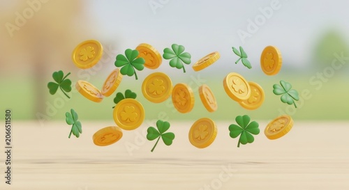 St Patricks Day Lucky Charms and Gold Coins Floating in Air.