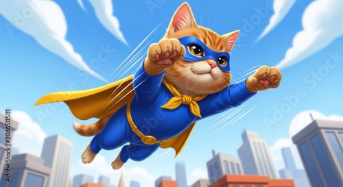 Superhero Cat Flying Above Cityscape with Cape and Mask.