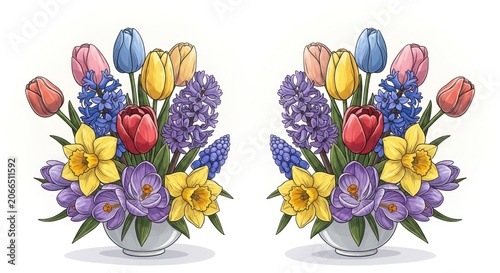 Two identical spring floral arrangements with tulips daffodils and hyacinths.