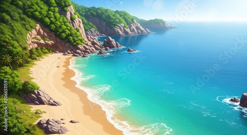 Tropical Paradise Beach with Lush Green Cliffs and Turquoise Ocean Waves.