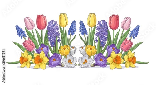 Symmetrical Spring Flower Arrangement with Tulips Hyacinths Daffodils and Crocuses.