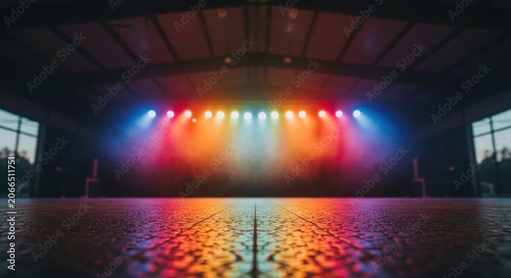 Naklejka premium Vibrant Stage Lighting Reflecting on Polished Floor.