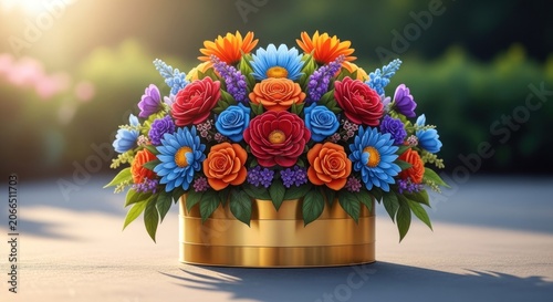Vibrant Floral Arrangement in Golden Pot Outdoors.