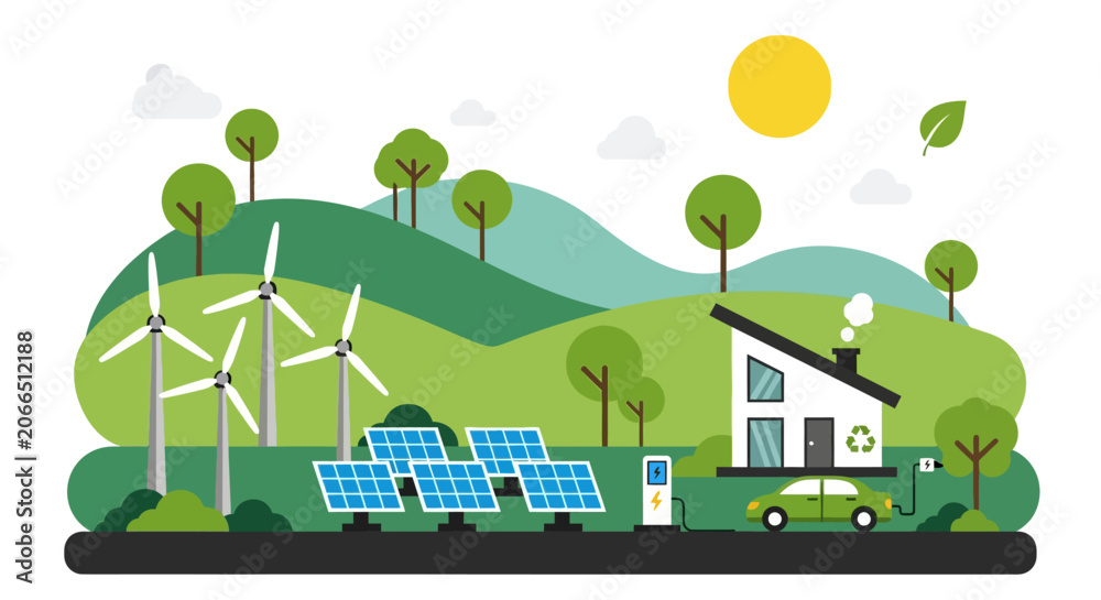 Fototapeta premium Eco friendly home, renewable energy, solar panels, wind turbines, green landscape, sustainable living