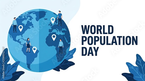 World Population Day Conceptual Banner – People Icons and Map Pin Locations on Earth Globe Vector Graphic