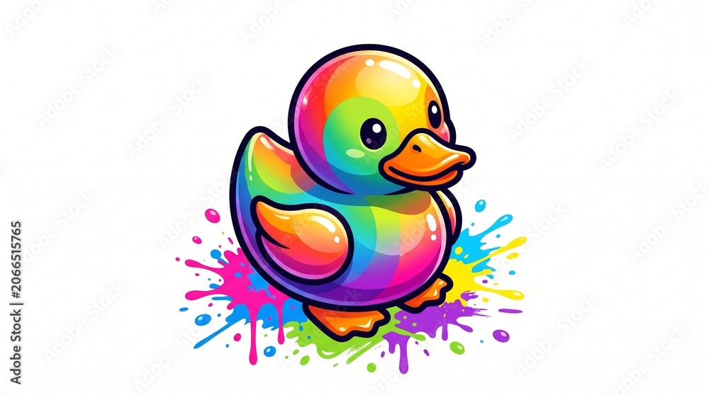 Fototapeta premium Glossy kawaii rubber duck with full rainbow gradient and orange beak and feet, standing on vibrant paint splatters. Bold 3D sticker style with thick outlines, shine, and playful drips.