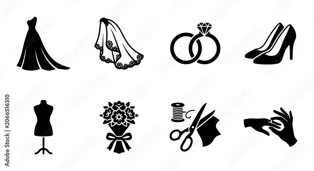 Fototapeta premium Wedding Icons Set Silhouette, Bridal Attire Accessories for Marriage Celebration