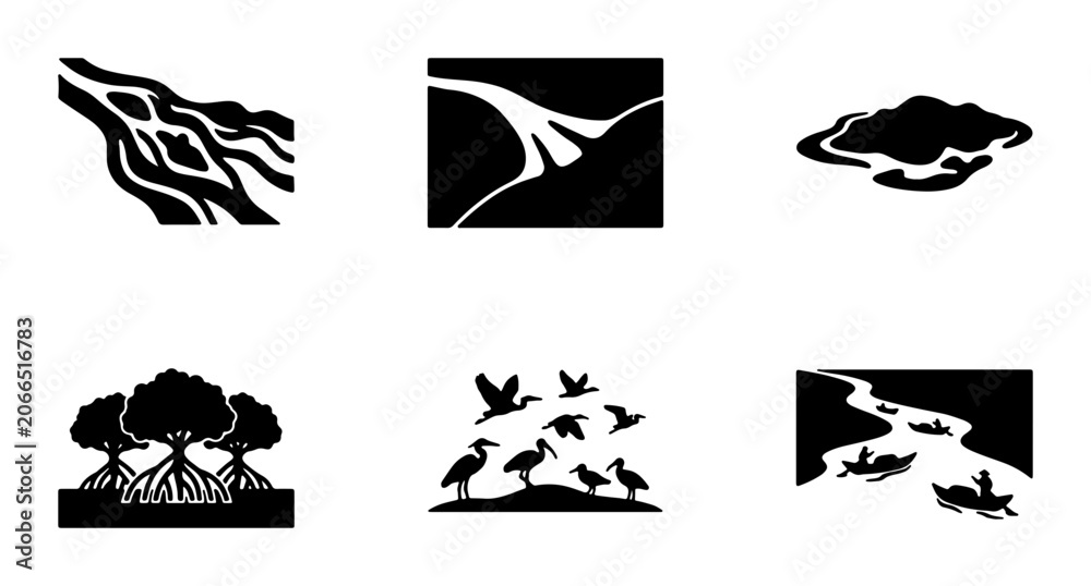Fototapeta premium 6 Nature Silhouette Icons River Landscape Wildlife Trees for Ecology