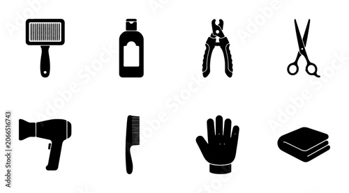 Pet grooming tools icon set, silhouette, for animal care services