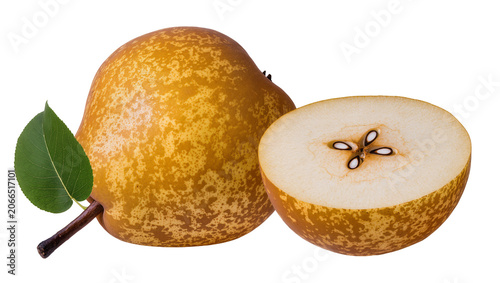 Fotografie Isolated Bosc pear with green leaf and stem, whole fruit next to a fresh cut half showing seeds