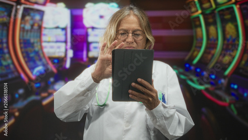 Obraz na plátně Woman doctor tapping tablet with right hand, stethoscope on neck and pens in coat pocket, standing amid slot machines in casino gaming floor; focused care technology