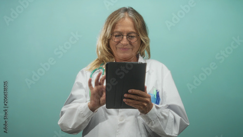 Fotografie Doctor woman in whitecoat wearing stethoscope and eyeglasses tapping tablet with finger, pens in pocket against studio wall; surprise curiosity telemedicine
