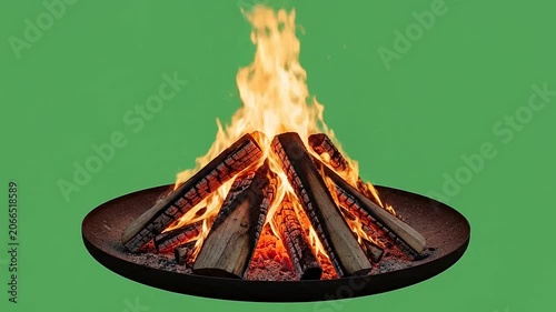 A burning campfire with bright orange flames on a green screen background