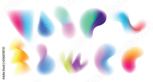 set of ten abstract blurry blob shapes in vibrant multicolor gradients featuring organic forms, perfect for modern branding, social media graphics, and trendy Y2K design projects.