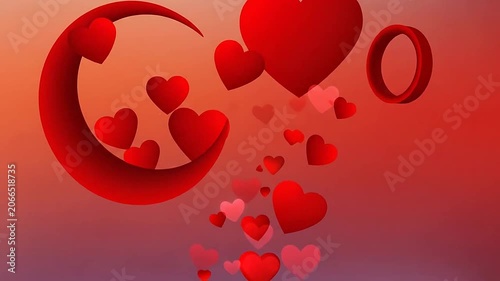 Romantic red hearts floating in a dreamy sunset sky with crescent moon