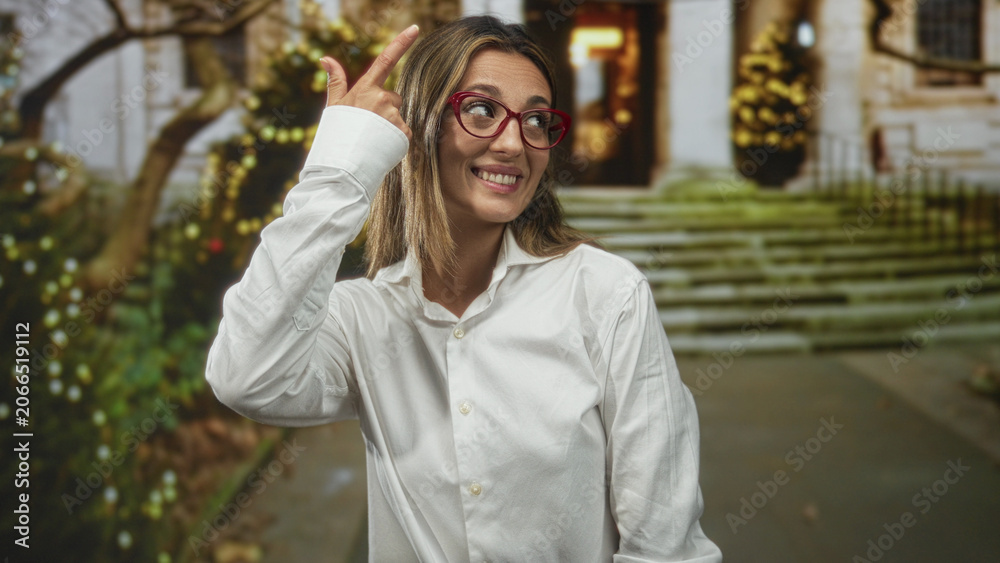 Fototapeta premium Woman points finger to head with red glasses and white shirt at stone building steps on street in outdoor evening light; playful curiosity.