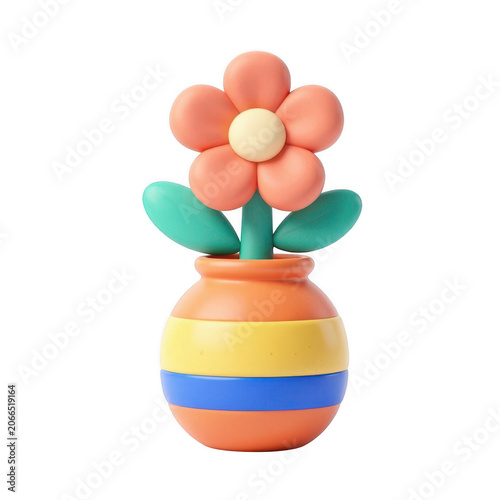 Cute 3d toy flower in striped vase isolated on transparent background