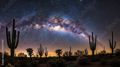 The Milky Way arches over a desert landscape with saguaro cacti
