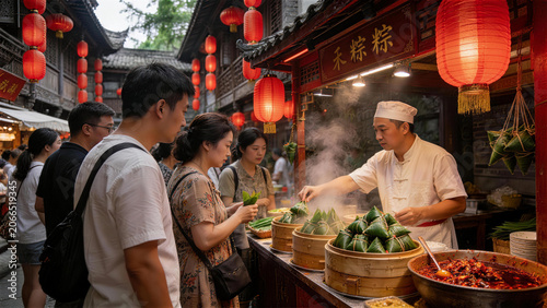 Authentic Asian Street Food Market: A vibrant scene unfolds at a bustling Asian street food market.