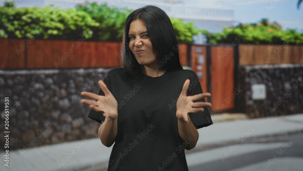 Fototapeta premium Woman claps hands and gestures with open palms, wearing black tee, standing before wooden gate and stone wall on a residential street; playful.