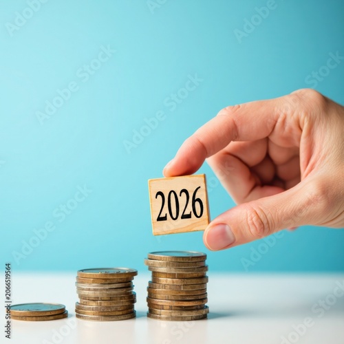 Hand Holding 2026 Sign Above Stacks of Coins Representing Future Financial Planning