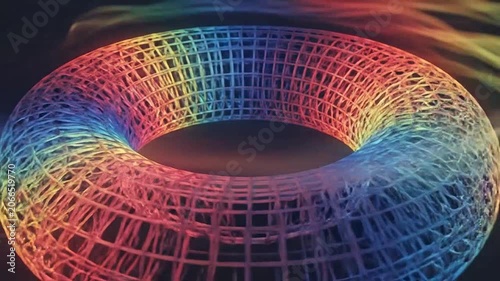 Abstract rainbow wireframe torus glowing on a dark background