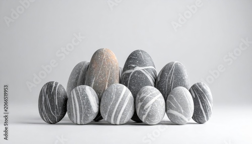 Collection of Uniform Polished River Stones Each Bearing a Unique Natural Striation Against a Neutral Background