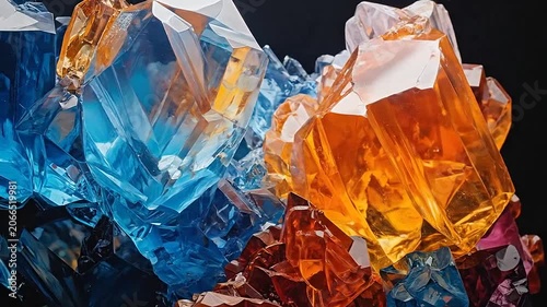 Macro photography of vibrant blue and orange translucent crystal formations on a dark background