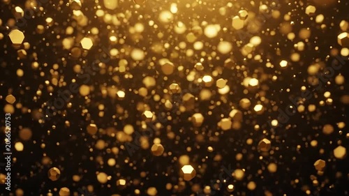 Abstract golden geometric particles floating in a dark space with warm glowing light