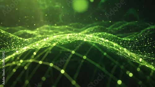 Abstract green digital landscape with glowing wireframe mesh and floating particles