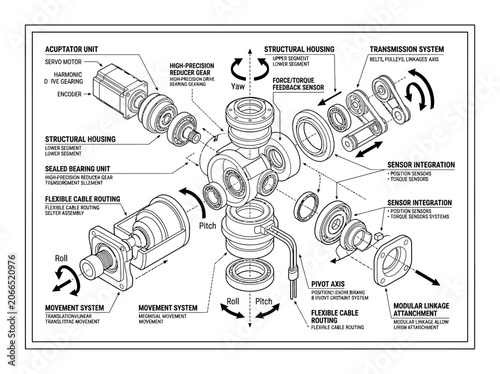 Bild auf Leinwand Exploded view diagram of robotic actuator and joint components.