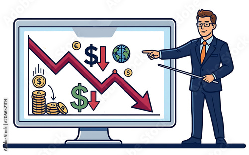 Illustration of an employee explaining the decline in the value of the dollar through infographics on a monitor screen.